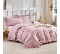 Tokokimo Feuille de Lotus Housse de Couette 220x240 avec 2 Taies d'oreiller 65x65 cm - Modèle à Volants - Parure de lit 220x240 Adulte - 100% Microfibre Parure Couette avec Fermetures éclair, Rose