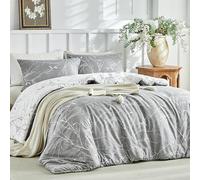 Tokokimo Housse de Couette 200x200 avec 2 Taies d'oreiller 65x65 cm - Motif de Branche Réversible - Parure de lit 200x200 cm - 100% Microfibre Parure Couette avec Fermetures éclair, Gris Blanc
