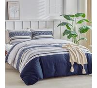 Tokokimo Housse de Couette 220x240 avec 2 Taies d'oreiller 65x65 cm - Design Bohémien - Parure de lit 220x240 Adulte - 100% Microfibre Housse Couette avec Fermetures éclair, Bleu Rayures