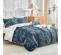 Tokokimo Housse de Couette 220x240 avec 2 Taies d'oreiller 65x65 cm - Motifs de Branches et de Feuilles - Parure de lit 220x240 cm - Housse Couette avec Fermetures éclair, Bleu Marine