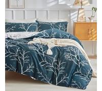 Tokokimo Parure de lit double 240 x 220 cm, 3 pièces, en microfibre, comprenant 1 housse de couette 240 x 220 cm + 2 taies d’oreiller 50 x 80 cm, motifs branches et feuilles, bleu marine / blanc