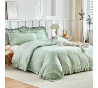Tokokimo Parure de lit double 240 x 220 cm, housse de couette double 3 pièces en microfibre avec volants, comprenant 1 housse de couette 240 x 220 + 2 taies d'oreiller 50 x 80 cm, vert sauge