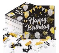 TOKSEO 60 Pièces Serviette Papier Anniversaire, 33x33cm Serviette Papier,Serviette Or avec 10 g de Confettis Anniversaire pour La Décoration de Fête D'anniversaire (Noir)