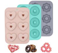 TOKSEO Lot de 3 moules à donuts en silicone, ronds, en forme de cœur, de citrouille, à 6 cavités, antiadhésifs, en silicone pour gâteaux, biscuits, bagels, muffins (bleu, rose, gris)