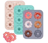 TOKSEO Lot de 3 moules à donuts Forme de fleur, en silicone, à 6 cavités, anti-adhésif, pour gâteaux, biscuits, bagels, muffins (bleu, rose, gris)
