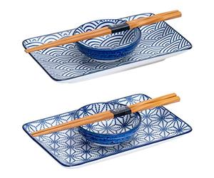 TOKYO design studio Ensemble des Assiettes Nippon Blue Onde/Étoile 6 w/Chop 21x13.5 & 9.5x3cm