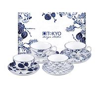 TOKYO design studio Flora Japonica Set 4 Tasses Bleu-Blanc avec soucoupes, Ø 10 cm, Hauteur 6,5 cm, 250 ML, Porcelaine d'Asie, décor Floral Japonais, avec boîte Cadeau