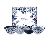 TOKYO design studio Flora Japonica Set de 4 Bols Bleu-Blanc, Ø 14,8 cm, Hauteur 7 cm, env. 500 ML, Porcelaine Japonaise, décor Floral Japonais, boîte Cadeau Incluse