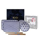 TOKYO design studio Nippon Blue Sushi Set à Sushi Bleu-Blanc, 6 pièces, 2 Assiettes à Sushi, 2 Bols à Sauce, 2 Baguettes, Porcelaine Asiatique, Design Japonais, INCL. boîte Cadeau