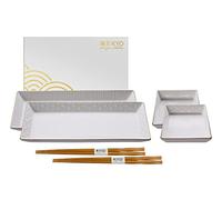 TOKYO design studio Nippon White Sushi-Set Blanc, avec Bord doré, 6 pcs., 2X Assiettes à Sushi 2X Bols à Sauce, 2X Baguettes, Porcelaine Asiatique, Design Japonais, INCL. Emballage Cadeau