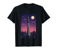 Tokyo Skytree Night City Skyline Japon Rétro Lune Art Voyage T-Shirt