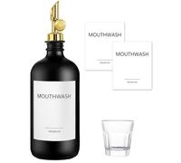 TOLDATLI Distributeur de bain de bouche pour salle de bain, 1 récipient de bain de bouche en verre noir avec tasse, 473,2 ml, distributeur de pompe de bain de bouche rechargeable