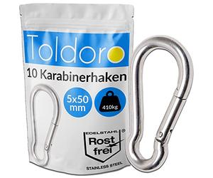 Toldoro Lot de 10 mousquetons 5 x 50 mm en acier inoxydable Niro AISI 316 V4A - Différentes tailles et quantités disponibles - Mousquetons de pompier sans cosse