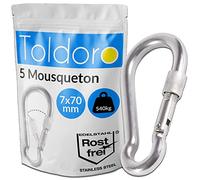 Toldoro Lot de 5 mousquetons en acier inoxydable avec fermeture à vis 70 mm / mousqueton multifonction pour balançoire, camping ou slackline/carabiner/petit mousqueton
