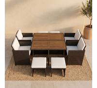 CONCEPT USINE | Salon de Jardin Encastrable Toledo 8 Places Résine Tressée Marron | Table Repas Extérieure avec 4 Fauteuils et 4 Poufs | Plateau Acacia | Coussins Beige Déhoussables | Housse Incluse