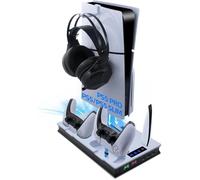 Tolesum Support de Refroidissement pour PS5 Pro, PS5 Slim UHD/Digitial Edition Ventilateur Station de Refroidissement, Chargeur Manette, avec Support de Casque, 3 USB - Blanc