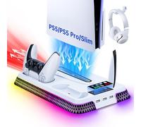 Tolesum Support pour PS5/ Slim / PS5 Pro, Station de RGB Refroidissement avec Charge à Double Manettes, Ventilateur de Refroidissement à 3 Vitesses avec Casque et 3 Ports USB - Blanc
