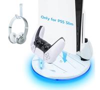 Tolesum Support Vertical pour PS5 Slim Digital/Disc, Socle de Chargement Rapide Double Manette avec LED et Crochet Casque, Blanc, Base Stable pour PS5 Slim (Non Compatible PS5/PS5 Pro)