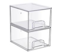 TOLIDA Boîte de rangement en acrylique avec 2 tiroirs, boîte empilable, boîte de rangement pour capsules de lave-vaisselle, boules de séchage, perles parfumées, cosmétiques, papeterie, stylos,