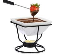 TOLIDA Ensemble de fondue au chocolat - Blanc - Carré - Avec fer noir - En porcelaine - Avec 2 fourchettes - Mini brûleur résistant à la chaleur - Pour bonbons, beurre, fromage
