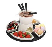 TOLIDA Fondue au chocolat - 300 ml - Céramique blanche - Set de fondeur de fromage carré avec 4 fourchettes et 4 assiettes avec plateau en bois 11 pièces pour chocolat, beurre et fromage (sans bougie)