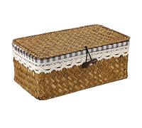 TOLIDA Panier de rangement en osier avec couvercle Paniers décoratifs pour salon rectangulaire Panier d'herbe de mer avec doublure amovible Seagrass Basket caramel (S) pour maison cuisine