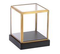 TOLIDA Vitrine carrée en verre transparent avec cadre doré et base en bois de pin noir pour objets de collection, 10 x 10 x 12 cm