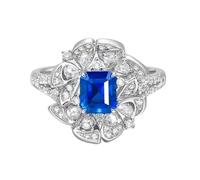 Tolldek Alliances en or blanc 9 K/14 K/18 carats - Bleu - 1,27 ct - Créé en laboratoire - Saphir fleurs - Bague de mariage rectangulaire - Moissanite 18/14/9 carats - Taille 47-70, Or blanc 18 carats