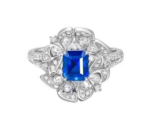 Tolldek Alliances en or blanc 9 K/14 K/18 carats - Bleu - 1,27 ct - Créé en laboratoire - Saphir fleurs - Bague de mariage rectangulaire - Moissanite 18/14/9 carats - Taille 47-70, Or blanc 18 carats