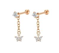 Tolldek Boucles d'oreilles en or véritable pour femme - Or rose 585 14 carats - Chaîne en moissanite - Étoile/cœur/croix/lune - Boucles d'oreilles en or rose 14 carats - Style bohème, Or rose 14