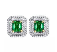 Tolldek Boucles d'oreilles géométriques en or blanc 18 carats Au750 avec taille Asscher 0,6 carat, vert émeraude, or 18 carats, diamant véritable, bijou hypoallergénique