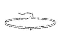 Tolldek Bracelet de cheville Au750 en or blanc 18 carats pour femme - Double chaîne avec cœur et lettre R - Réglable - Or 18 carats - 24 + 5 cm, Or blanc 18 carats (750), Pas de zirconium