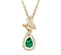 Tolldek Collier pour femme avec pendentif en or Au750 - Créé en laboratoire vert - Émeraude et papillon - Grande chaîne en or véritable 18 carats - 45 cm, or jaune 18 carats (750), Émeraude créée en