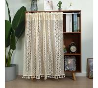 Tolldek Rideau brise-bise vintage beige - Motif fleurs bohème vintage avec pompon - Transparent - En polyester et coton - Pour le salon - H 120 x l 100 cm