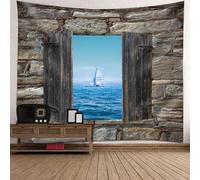 Tolldek Tapisserie Bleu Marron 300 x 256 cm Nature Paysage Tapisserie Fenêtre Mer Schill Serviette Murale Tentures Murales pour Salon Chambre Décoration Murale