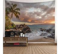 Tolldek Tapisserie, coucher de soleil, bord de mer, coco, paysage naturel, XXL, polyester, décoration murale, marron, vert, orange, 300 x 256 cm