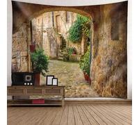 Tolldek Tapisserie marron, rétro petites villes à la campagne Tenture murale Nature Tapisserie Polyester Tissu pour salon, chambre à coucher, 240 x 220 cm