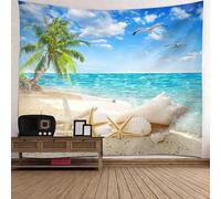 Tolldek Tapisserie murale avec paysage naturel, motif de mer en coco, mer, plage, en polyester, décoration d'intérieur, pour salon, dortoir, bleu, vert, beige, 150 x 150 cm