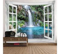 Tolldek Tapisserie murale blanc bleu vert 300 x 256 cm, paysage naturel pour fenêtre, cascade tapisserie, tenture murale pour dortoir