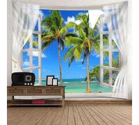 Tolldek Tapisserie murale blanc vert bleu 300 x 256 cm paysage naturel tapisserie murale fenêtre coco plage serviette murale convient pour l'art de la décoration murale