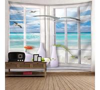 Tolldek Tapisserie murale blanche et bleue - Motif mouette - Pour fenêtre de mer - En polyester - Pour salon, dortoir - 210 x 140 cm