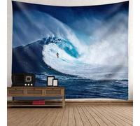 Tolldek Tapisserie Murale Bleu Foncé Blanc 150 x 130 cm, Paysage Nature Tapisserie Océan Vague Marine Surfeur Tenture Murale pour Salon Décor, Chambre à Coucher