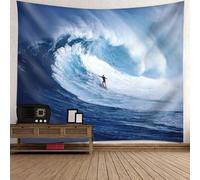 Tolldek Tapisserie murale bleu foncé et blanc 300 x 256 cm - Paysage naturel - Océan - Vague de mer - Surfeur - Tapisserie murale pour nappe de salon