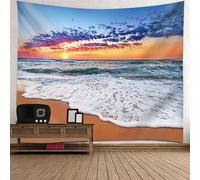 Tolldek Tapisserie murale - Bleu orange vert - 200 x 200 cm - Paysage naturel - Lever de soleil - Mer - Plage - Tapisserie murale avec décorations Art Nature