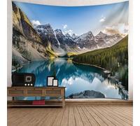 Tolldek Tapisserie murale bleu vert 300 x 256 cm, paysage naturel, lac, arbre, montagne de neige, serviette murale pour salon, chambre à coucher
