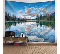 Tolldek Tapisserie murale bleu vert 300 x 256 cm, paysage naturel, lac, arbre, montagne, tenture murale pour nappe de table, salon, chambre à coucher