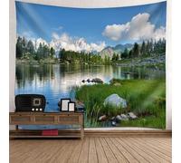 Tolldek Tapisserie murale bleu vert 300 x 256 cm, paysage naturel, mer, arbre, nappe, décoration de salon