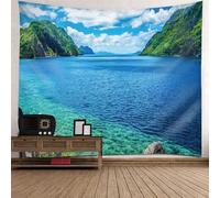 Tolldek Tapisserie murale bleu vert 300 x 256 cm paysage naturel tapisserie murale lac montagne serviette murale pour nappe de salon décoration