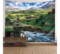 Tolldek Tapisserie murale bleu vert 300 x 256 cm paysage naturel tapisserie murale village montagne serviette murale pour salon, chambre à coucher