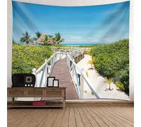 Tolldek Tapisserie murale bleu vert marron 300 x 256 cm paysage nature pavillon de mer chemin en bois tentures murales pour chambre à coucher